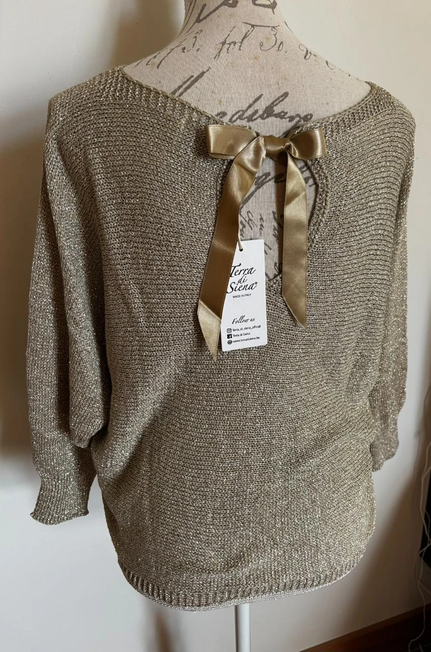 🎀 Gold knit sweater Made in Italy with neckline & satin bow on the back - one size – photo 10